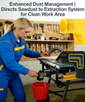 Table Saw Dust Collector Adapter 2.5 Inch Dust Port Connector With Tool Free Installation and dual dust bag hooks in use on table saw in workshop