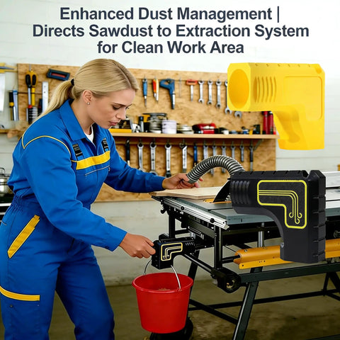 Table Saw Dust Collector Adapter 2.5 Inch Dust Port Connector With Tool Free Installation and dual dust bag hooks in use on table saw in workshop