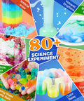 Hands On Science Lab Kit For Kids With 80 Experiments And Scientist Costume Role Play STEM Educational Tools For Boys And Girls Aged 6 7 8 9 Fun Birthday Gift And Interactive Science Toys; colorful experiments illustration with artificial snow, volcanic eruptions, and sprite balls.