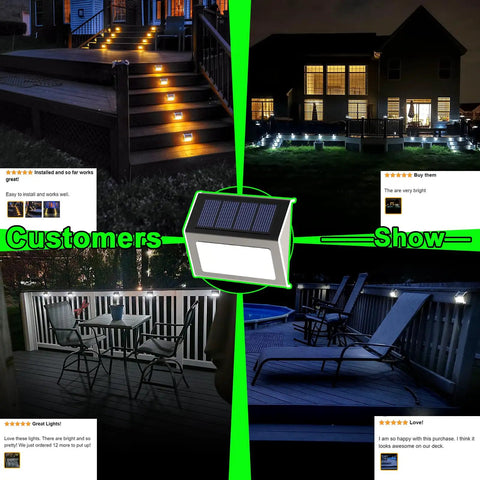 Solar Fence Lights 12 Pack Outdoor Waterproof Deck Lights illuminating stairs, fence, and patio at night with cool white glow.