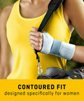 For Her Right Hand Wrist Support Adjustable With Gel Palm Cushion shown on woman's wrist with contoured fit, designed for women.