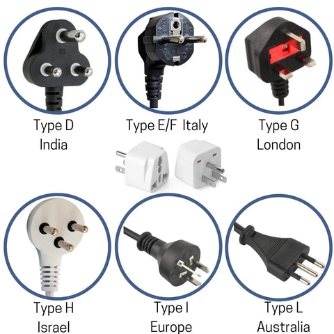 Various plug types for 2 Pack Universal Travel Plug Adapter Converts EU UK AU Asia Plugs To US Outlet Ultra Compact And Lightweight.