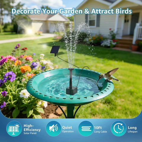 Solar Fountain Pump For Bird Bath And Small Pond Two Point Five Watt With Dry Run Protection installed in a garden bird bath