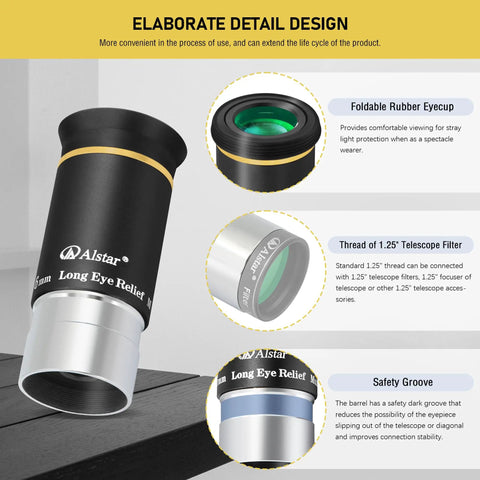 1.25-Inch 6mm 66-Degree Ultra Wide Angle Telescope Eyepiece with fully multi-coated 5-element optics gold line.
