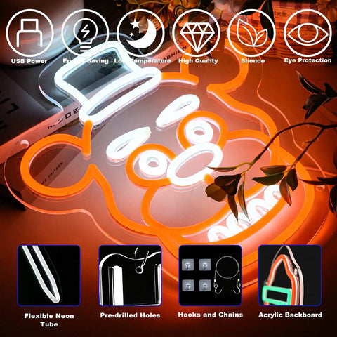 Frendy Neon Sign For Wall Decor With Remote Control, playful LED neon animal face, acrylic backboard, 5V power adapter