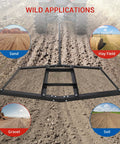 74 Inch Wide Drag Harrow For Driveways And Lawns High Efficiency Grader With Pin Hitch Up To 50 Lbs Beefy Heavy Duty Lawn Leveling Rake shown on a dirt path, suitable for sand, gravel, soil, and hay field applications.