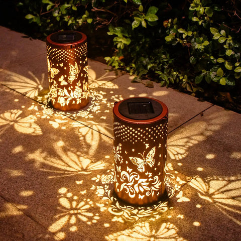 Outdoor Solar Lanterns Hanging Light With Butterfly Pattern Waterproof LED Garden Decor illuminating patio at night