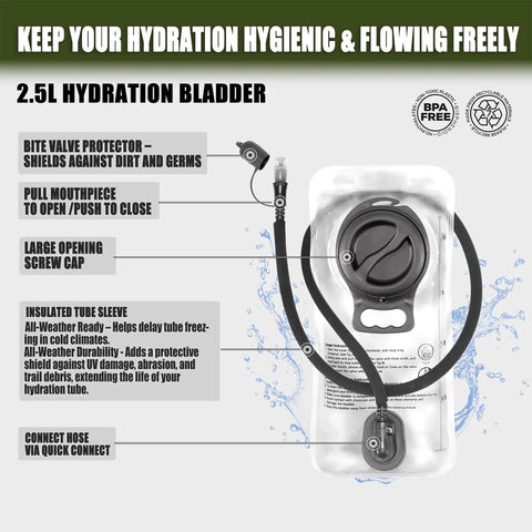 2.5L hydration bladder with insulated tube, bite valve, and screw cap for 2-In-1 Convertible Chest Pack And Hydration Backpack.