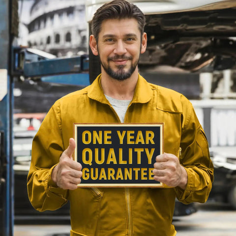 Mechanic in yellow jumpsuit holding sign 'One Year Quality Guarantee' in auto garage, emphasizing product reliability.
