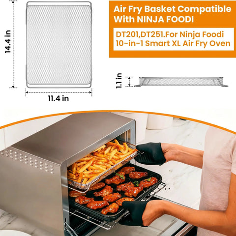 Heavy Duty Stainless Steel Air Fryer Basket Replacement Trays Compatible With Foodi XL Oven DT201 DT251 in use with fries and wings