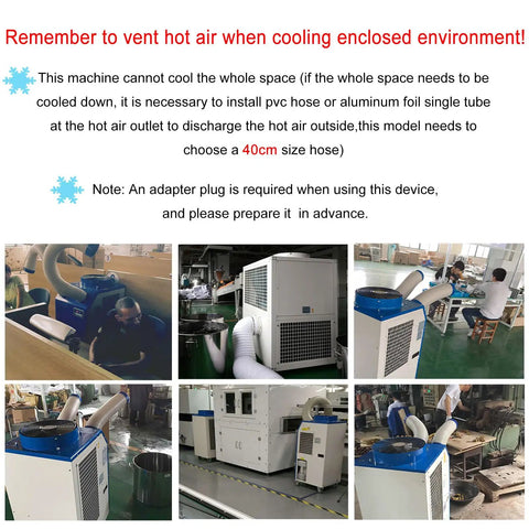 Industrial Portable Air Conditioner Delivers Badass 18700 BTU Cooling Power And Crushes Blistering Heat Like A Champ With 950 Cubic Meter Airflow And A Roomy 14 Liter Tank For Seamless Indoor Or Outdoor Use - image of air conditioning unit with ventilation hose in workshop.
