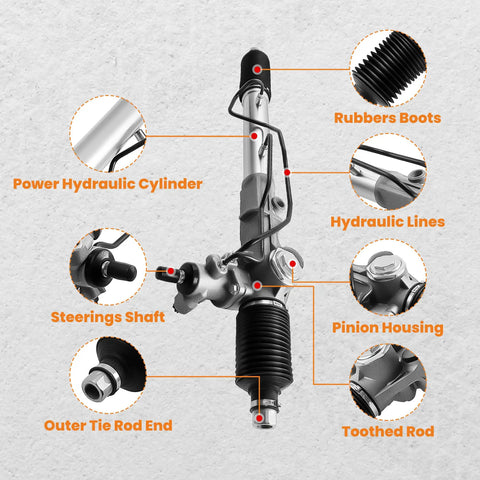 High-Performance Power Steering Rack And Pinion Assembly For Toyota Tacoma 1995-2004 Models Including 4WD 2.7L And 3.4L, 2WD 2.7L And Pre-Runner 3.4L, Plus All Toyota 4Runner 1996-2002 Variants, Featuring Oem-Style Part Numbers 44200-35042 And 4420035013, showing components like power hydraulic cylinder and pinion housing.