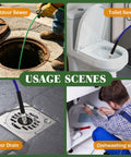Three Pack Sewer Jetter Nozzle Kit With Stainless Steel Rotating Button Nose And Fixed Nozzles For One Quarter Inch Quick Connect Wands Up To Five Thousand PSI Perfect For Clearing Clogs In Drains Pipes And Sewer Lines With Your Pressure Washer shown being used in various drain and sewer applications.