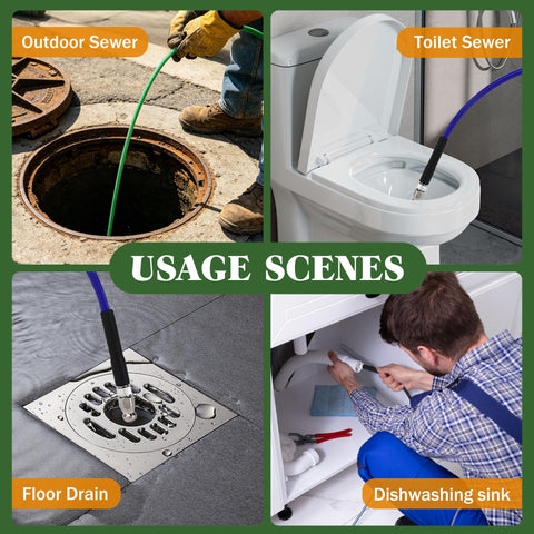 Three Pack Sewer Jetter Nozzle Kit With Stainless Steel Rotating Button Nose And Fixed Nozzles For One Quarter Inch Quick Connect Wands Up To Five Thousand PSI Perfect For Clearing Clogs In Drains Pipes And Sewer Lines With Your Pressure Washer shown being used in various drain and sewer applications.
