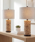Natural Coastal Water Hyacinth Table Lamp Set Of 2 With Light Grey Linen Shade For Living Room Or Nightstand Cozy Chic Boho Farmhouse Decor LED Bulbs Included ETL Listed Safety 25 Inch Tall Lamps on wooden table