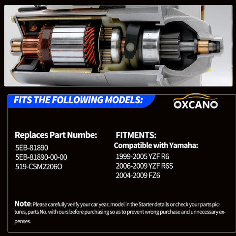 Starter Motor Assembly For Yamaha YZF R6 YZF R6S And FZ6 1999-2009 Replacement Part 5EB-81890 5EB-81890-00-00 519-CSM2206O Direct Fit Plug-and-Play Easy Install High-Quality Start-Up Upgrade