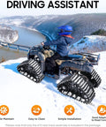 Person driving an ATV with rear axle track assembly kit 880mm 35 inch on snowy terrain, showing heavy duty track system complete assembly.