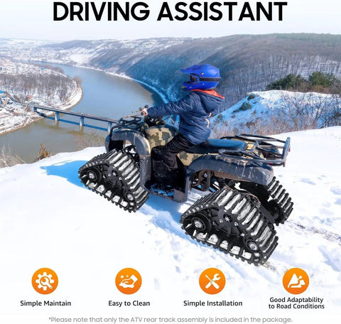 Person driving an ATV with rear axle track assembly kit 880mm 35 inch on snowy terrain, showing heavy duty track system complete assembly.