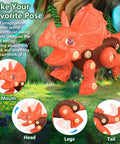 Five Dino Building Set For Kids With STEM Learning Build Your Own Triceratops featuring adjustable joints in forest setting.
