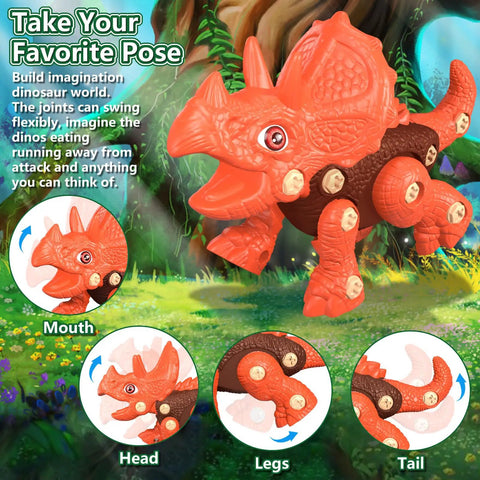 Five Dino Building Set For Kids With STEM Learning Build Your Own Triceratops featuring adjustable joints in forest setting.