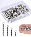 Pro Grade No Sweat Pack Of One Hundred Size Eight White Stainless Steel Self Tapping Wall Plate Screw Set in a clear box.