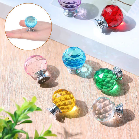 Crystal Drawer Knobs Set 20 Pcs Diamond Dresser Knobs 30mm Multicolored on wood surface and hand detail, includes screws