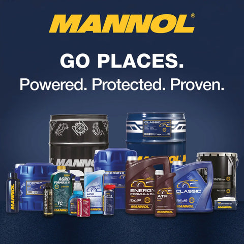 Assorted Mannol automotive oil and fluid products display with barrels and bottles in varying colors and sizes.