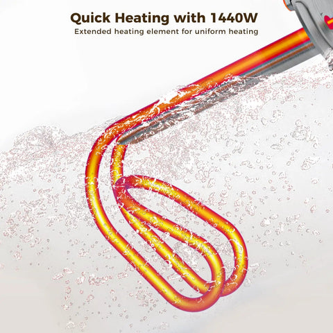 Close-up of heating element in Compact Electric Water Heater 2.5 Gallon On Demand For Instant Hot Water Plug In Cord 110 To 120V 1.44kW UL Listed CSA Listed Multi Mount Floor Wall Or Shelf Ideal For Point Of Use showing quick heating with 1440W