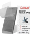 Gray Screen Repair Tape 2 Inch By 15 Foot Heavy Duty Fiberglass Patch For Window And Door Screens Quick Easy Tear Repair Kit With Ultra Strong Adhesive No Tools Needed For A Quick Easy Patch Up next to packaging showing use.