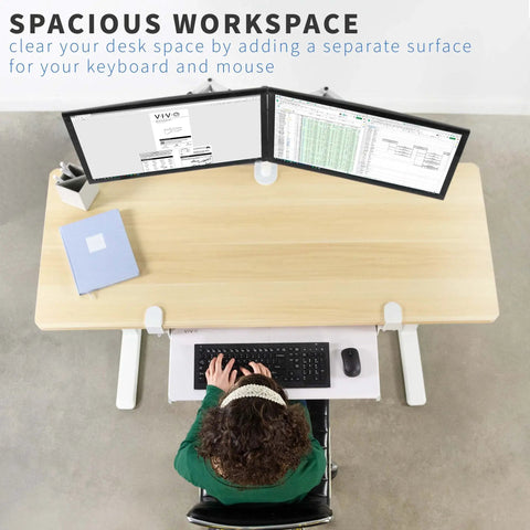Large Under Desk Keyboard And Mouse Tray With Smooth Slider Rail System, Heavy Duty Quick Grip Clamp For Ergonomic Typing Comfort, White Finish viewed from above, showing spacious desk setup.