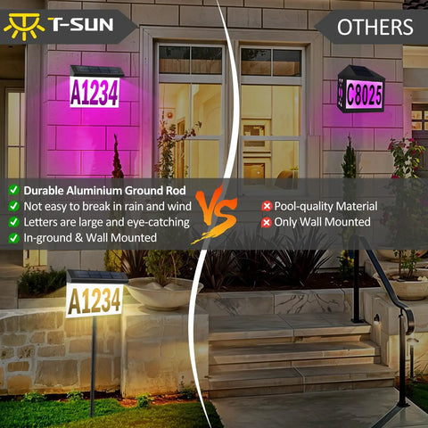 Comparison of Solar Address Sign for Outside With Remote and competitor; shows signs mounted outdoors with LED light and numbers visible.