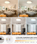 Dimmable Wood LED Flush Mount Ceiling Light With Five CCTs 2700K To 6000K Modern Round Close To Ceiling Fixture In White Minimalist Ceiling Lamp For Living Room Bedroom And Laundry Room shown with different CCT settings in room environments.