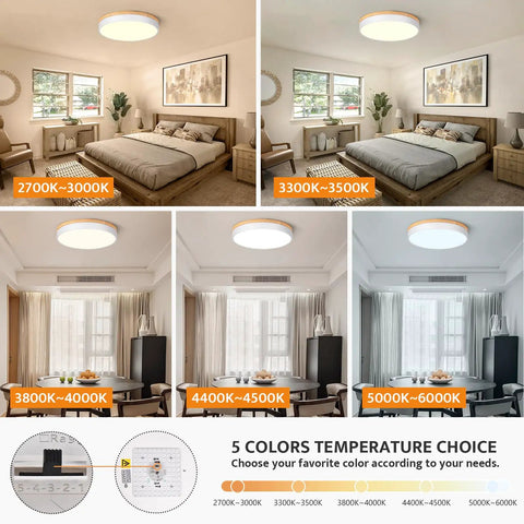 Dimmable Wood LED Flush Mount Ceiling Light With Five CCTs 2700K To 6000K Modern Round Close To Ceiling Fixture In White Minimalist Ceiling Lamp For Living Room Bedroom And Laundry Room shown with different CCT settings in room environments.