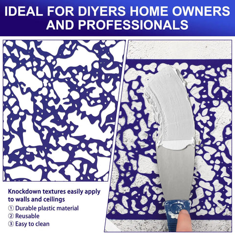 Close-up of 3 Pack Knockdown Texture Spray Stencil Drywall Repair Kit with 8x8 inch texture sponges and putty knife on wall
