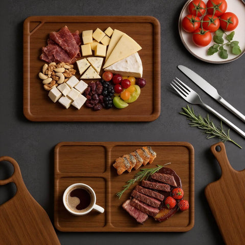 Top view of wooden cutting boards with charcuterie assortment and coffee, featuring 8 Piece Acrylic Router Template Set For Woodworking With 6 Charcuterie Board Templates 2 Tray Templates Thick Handle Cutting Board Templates And 3 Marking Pens Angled Curvy Tracing Stencils For Kitchen Projects.