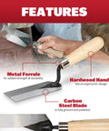 Masonry Margin Trowel Pro-Grade 5 Inch By 2 Inch Carbon Steel Blade With Wood Handle features labeled details on blade, handle, and ferrule.