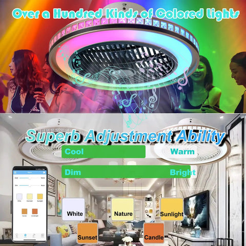 Bladeless 20 Inch Low Profile Ceiling Fan With Lights And Remote Modern Flush Mount Enclosed Ceiling Fan With Bluetooth App Control Music Speaker 6 Speed Reversible Remote Or Wall Switch Operation Golden Black Finish showing lighting modes.
