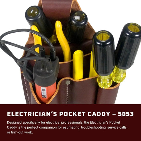 Electrician Pocket Caddy With Five Tool Pockets And Holders Full Leather Belt Pouch Up To 2 Inch Wide Made In USA Built Tough