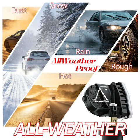Image showing fresh 4 pack 433MHz TPMS tire pressure sensors for all-weather conditions including dust, snow, rain, hot, rough.