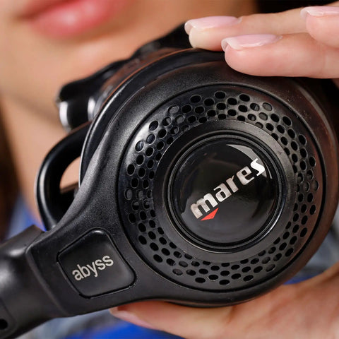 Close-up of Abyss 22 Navy II Scuba Regulator Set second stage showing branding, ideal for cold water deep dives and reliability.