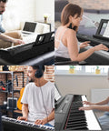 Full Size 88 Key Weighted Hammer Action Digital Piano Portable Electric Keyboard For Newbies And Adults With Sustain Pedal Power Supply And Built In Speakers No Stand Included shown with various players in home settings.