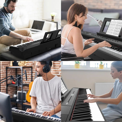 Full Size 88 Key Weighted Hammer Action Digital Piano Portable Electric Keyboard For Newbies And Adults With Sustain Pedal Power Supply And Built In Speakers No Stand Included shown with various players in home settings.