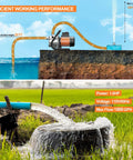 Diagram and lawn scene with Beast 110V Water Transfer Pump, showcasing 1.6HP flow, 164 ft lift, 1800 GPH max for irrigation.