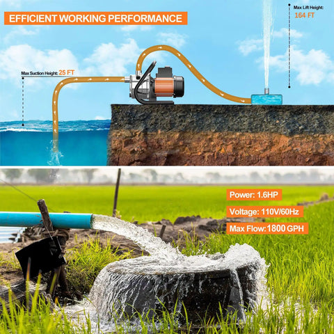 Diagram and lawn scene with Beast 110V Water Transfer Pump, showcasing 1.6HP flow, 164 ft lift, 1800 GPH max for irrigation.