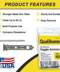 Packaging and contents of Self-Drilling Drywall Anchors And Screws Kit With Toggle Anchors And Zinc Plated Screws for mounting decor.