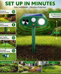 4 Pack Ultrasonic Outdoor Animal Deterrents With Solar Power Motion Sensor IP65 Waterproof Flashing Light That Scares Squirrels Raccoons Rabbits Foxes Skunks Cats Dogs In Your Yard Or Garden installed in lawn