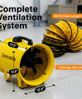 Heavy Duty 12 Inch Cylinder Fan Workhorse With 3200 CFM Airflow And 25 Foot PVC Ducting for industrial exhaust, side view