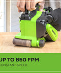 Cordless 24V Brushless Belt Sander Kit With No-Cord Convenience, 850 FPM Speed, 3-Inch By 18-Inch Belt on Wood Surface
