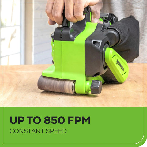 Cordless 24V Brushless Belt Sander Kit With No-Cord Convenience, 850 FPM Speed, 3-Inch By 18-Inch Belt on Wood Surface