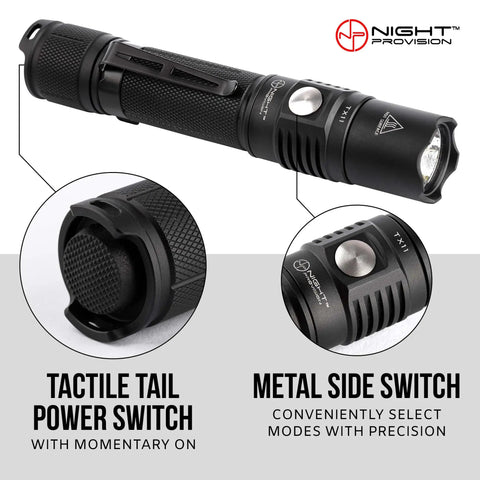 TX11 Tactical Flashlight With Duty Belt Holster, 1600 Lumen LED focus on power and mode switches.